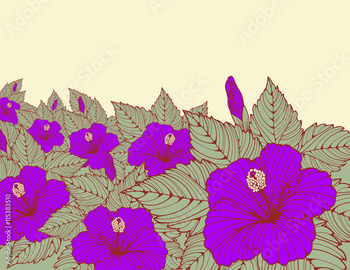 a poster background with a field of hibiscus flowers in purple and green