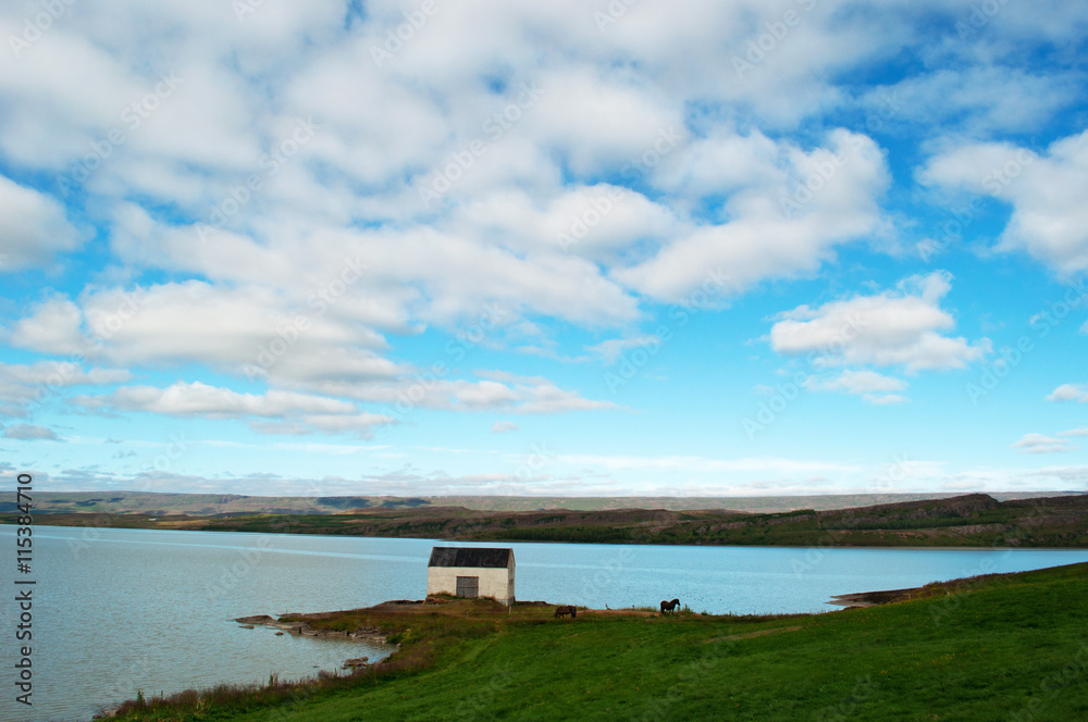 Islanda: il paesaggio di Egilsstadir sulle sponde del fiume Lagarfljot il 29 agosto 2012. Egilsstadir è la più grande città dell'Islanda orientale