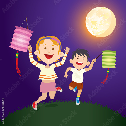 Running Kids hold the paper lantern under full moon for mid autumn festival
