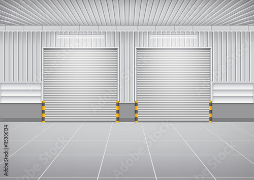 Roller door or roller shutter. Also called security door or security shutter. For protect residential, commercial and industrial building i.e. house, factory, warehouse, hangar. Vector illustration.