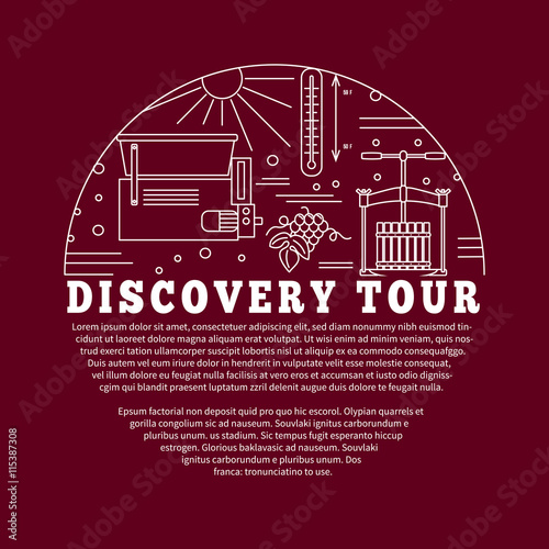 Winemaking, wine tasting flyer, poster with winery symbols in circle with place for your text. Vector template with winery graphic design elements in mono line style isolated on red background.