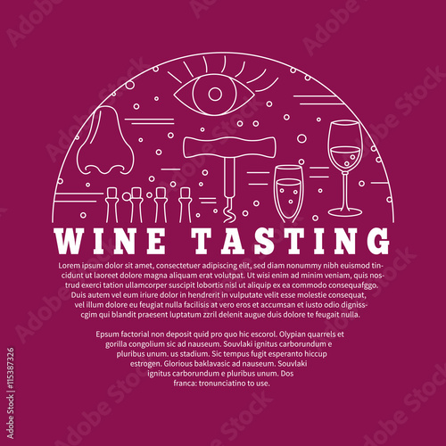 Winemaking, wine tasting flyer, poster with winery symbols in circle with place for your text. Vector template with winery graphic design elements in mono line style isolated on red background.
