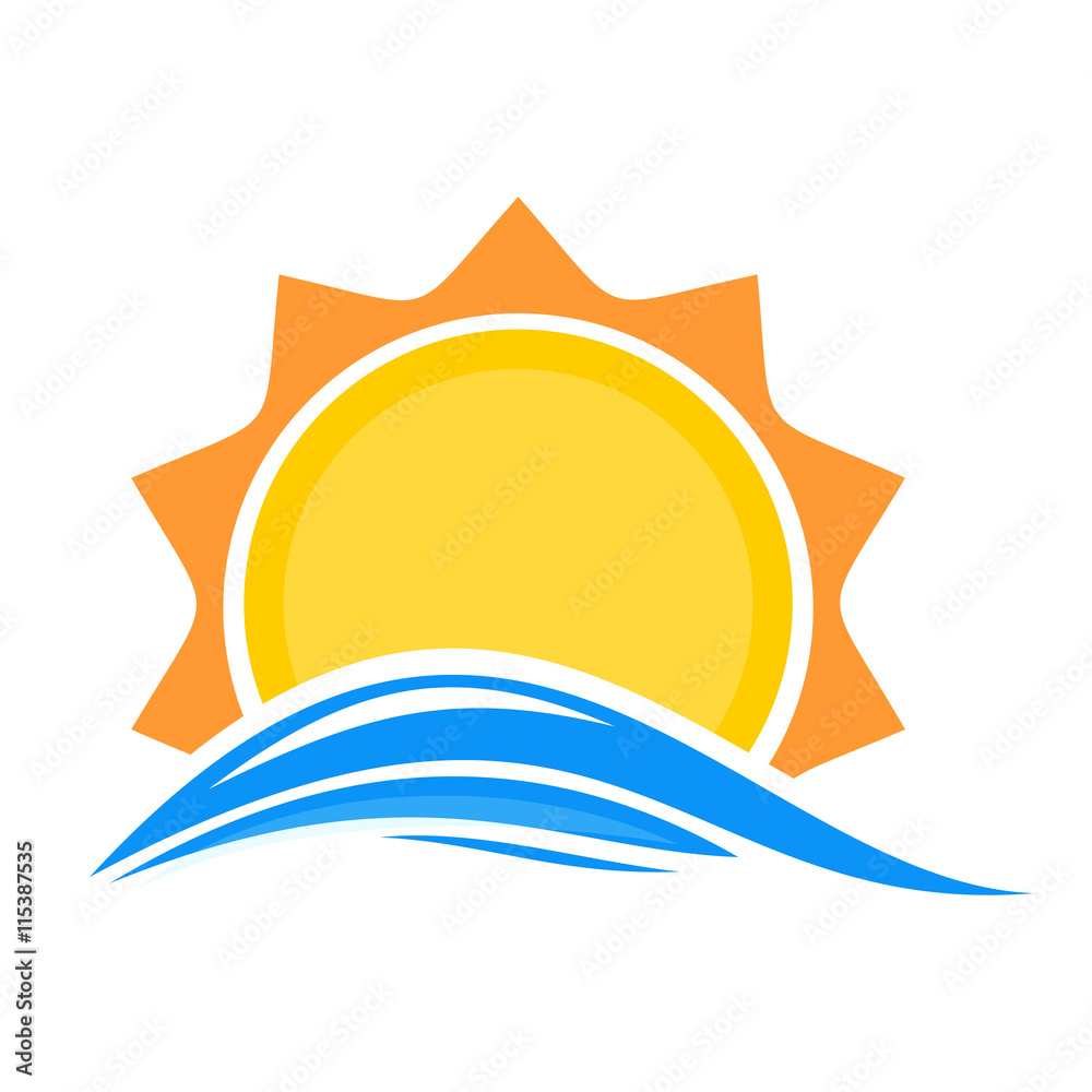 Sun over the sea. Sunrise logo icon. Cartoon sun over sea waves. Vector ...
