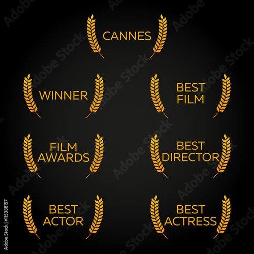Cannes Festival set. Laurel. Winner, Best film, director, actor, actress. Film Awards Winners. Film awards logo. Cinema. Vector illustration.