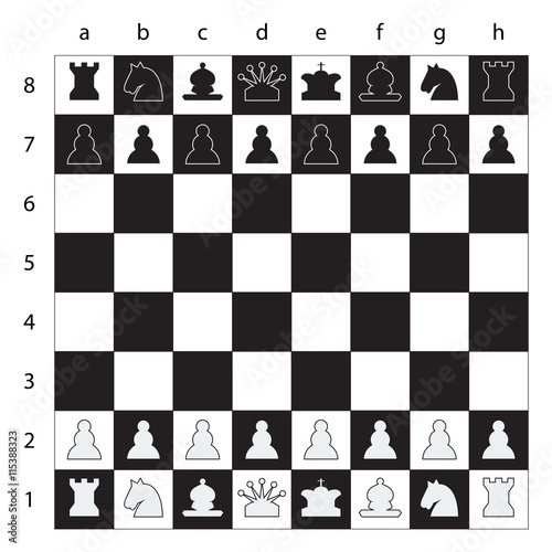 Chess board with figures, black and white, vector illustration.