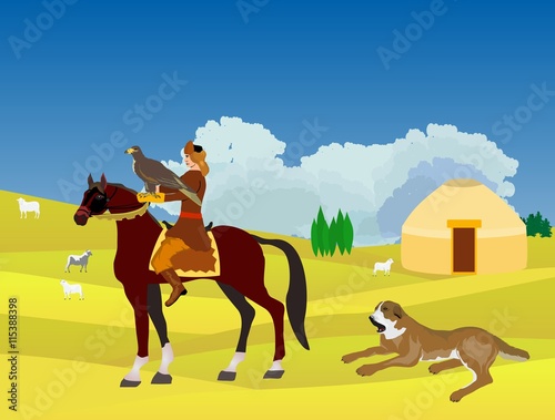 Kazakh aul, jurts,sheeps, dogs.