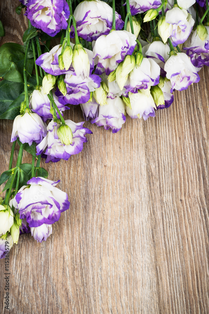 Eustoma flowers on wooden background Eustoma flowers on wooden background