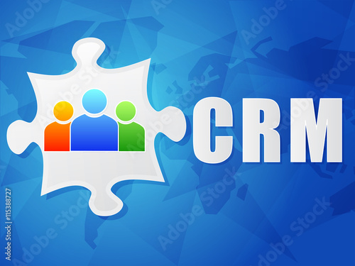 CRM and puzzle piece with person signs, flat design, vector