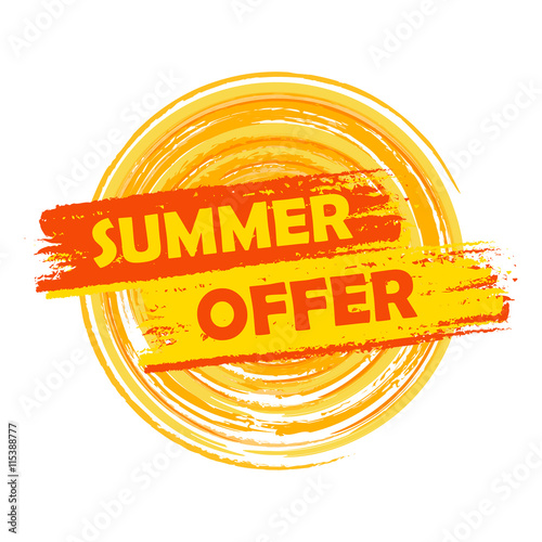 summer offer with sun sign, yellow and orange drawn label, vecto