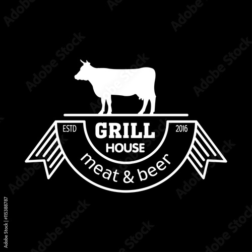 Grill house. Meat and beer. Vintage logo grill chalk on a black Board. Logo for a cafe, beer restaurant. barbecue