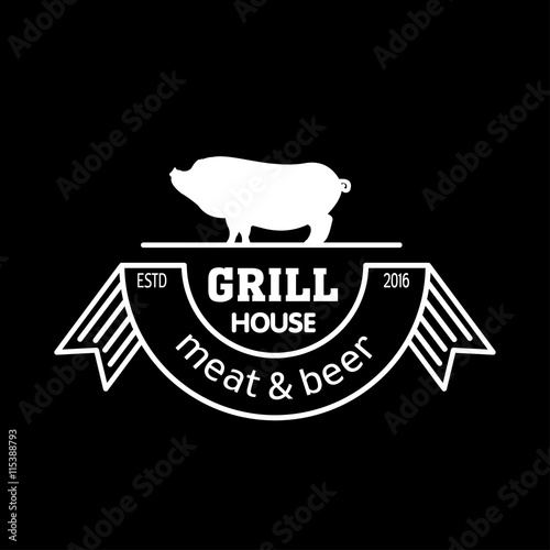 Grill house. Meat and beer. Vintage logo grilled pork with chalk on black Board. Logo for a cafe, beer restaurant. barbecue.