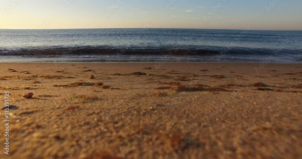 Sea surf at sunrise on a wild beach with a sandy slope in summer Sea surf at sunrise on a wild beach with a sandy slope in summer