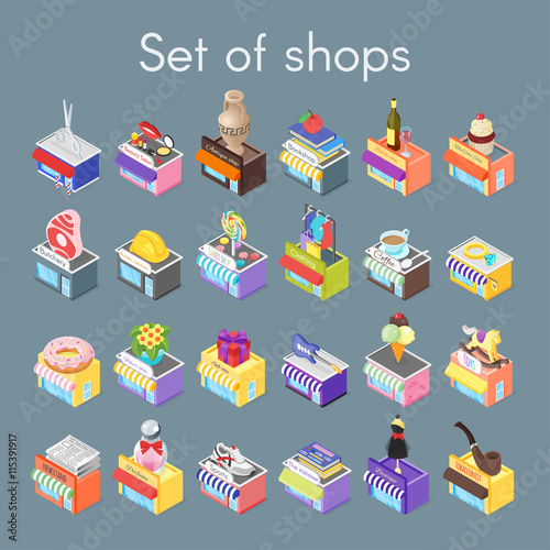Isometric vector 3d illustration of shops.