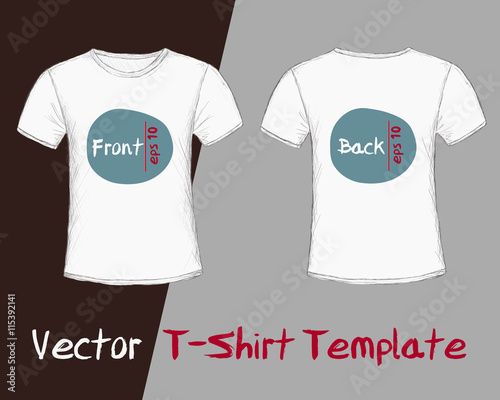 Vector of T-Shirt Template - male, front and back view. Hand drawn, a sample design added, retro style. Easy to add and present your design. Eps 10