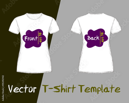 Vector of T-Shirt Template - female, front and back view. Hand drawn, a sample design added, retro style. Easy to add and present your design. Eps 10