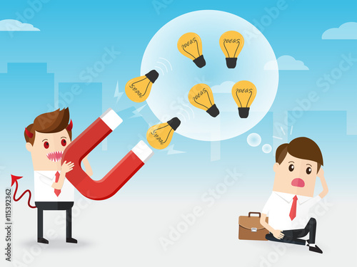 demon businessman using huge magnet attract light bulb from coworker, thief employee stealing ideas from colleagues