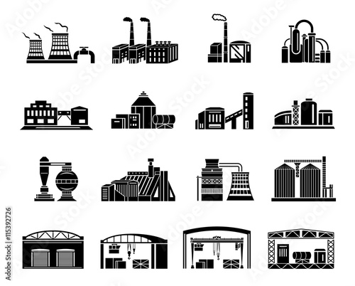 Set of Factory building, production equipment, cranes and warehouses. silhouettes on a white background for any design style