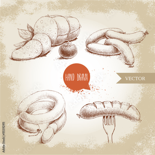 Hand drawn sketch type set of sausages. Organic food vintage illustration.