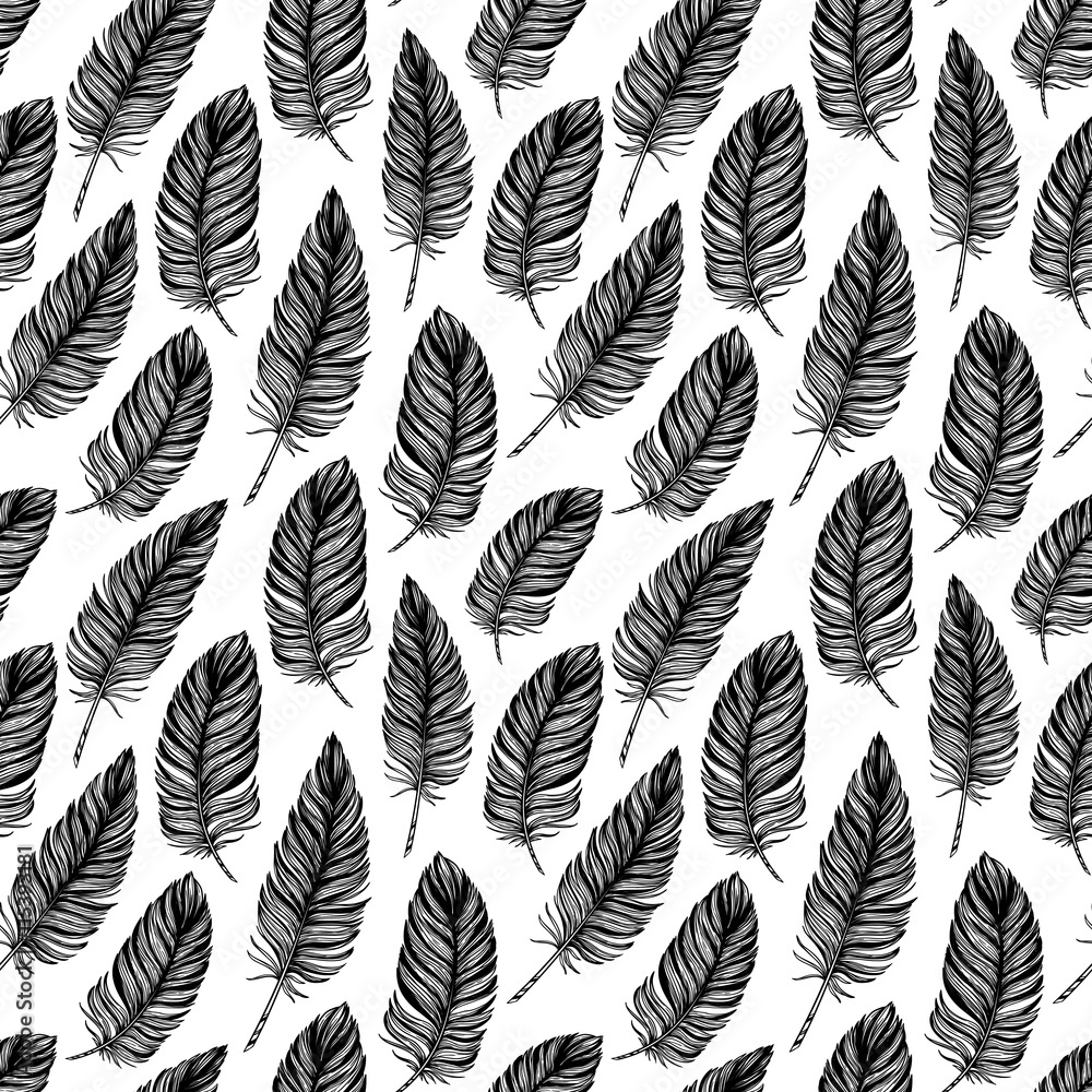 Seamless pattern. Hand drawn vector vintage illustration - Feath