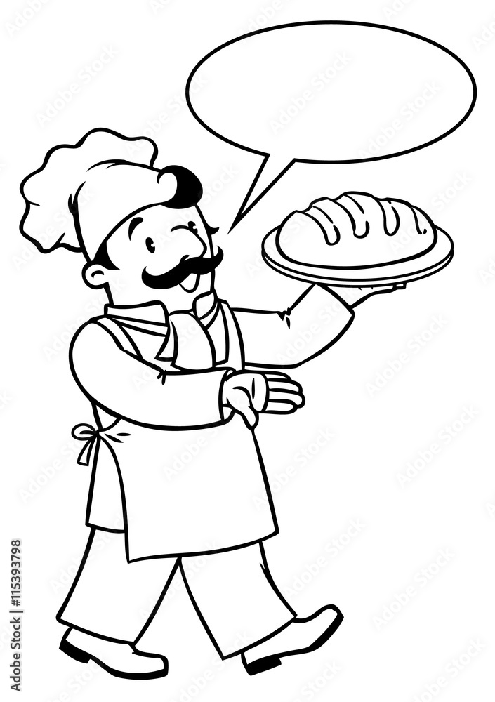 Fototapeta premium Coloring book of funny cook or baker with bread