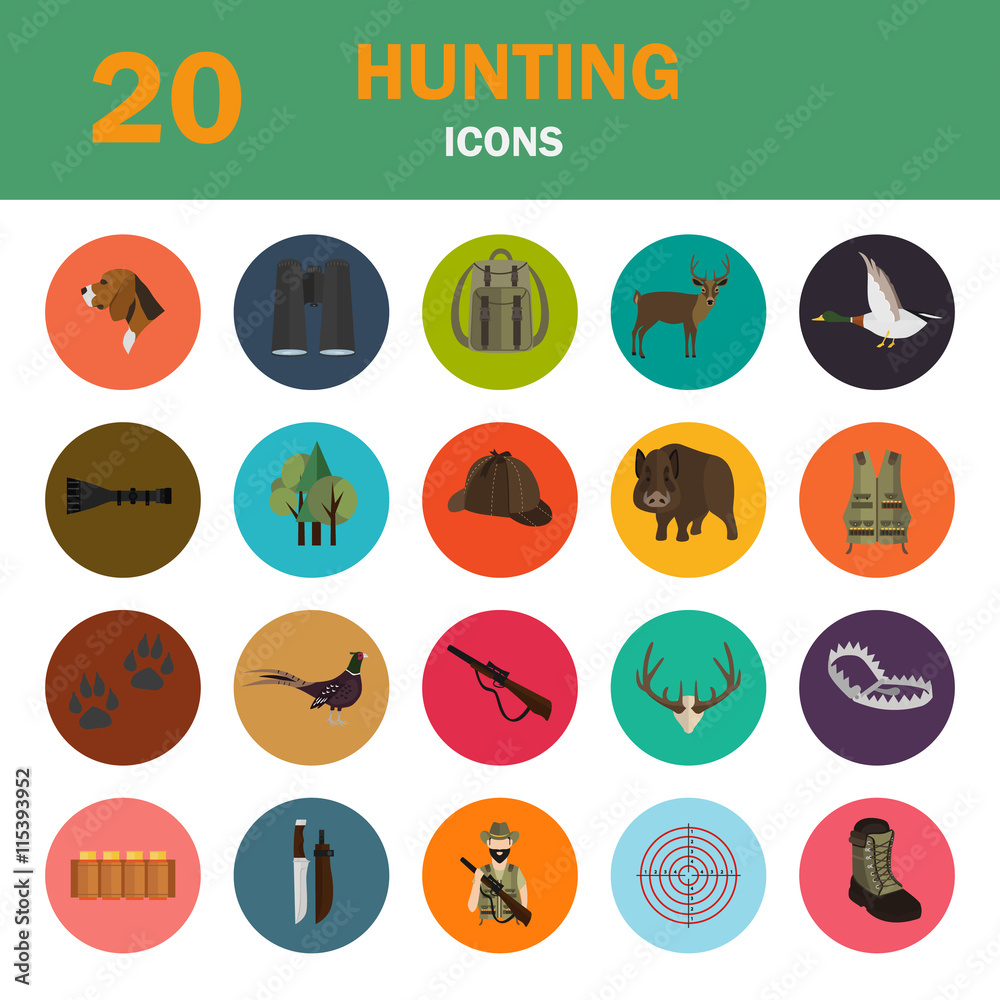 Φωτογραφία Set of twenty color flat hunting icons