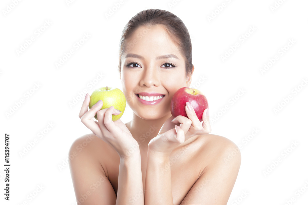 beautiful young asian woman with long hair, flawless skin and perfect make-up, holding apple beautiful young asian woman with long hair, flawless skin and perfect make-up, holding apple