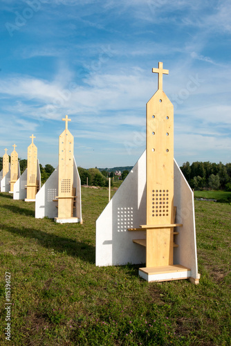 Simple outdoor confessionals in Krakow, Poland, prepared for the World Youth Day 2016 near the Sanctuary of Divine Mercy in Lagiewniki photo