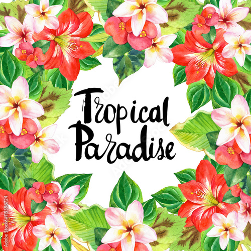 Hawaiian wreath with realistic watercolor flowers. Tropical paradise.
