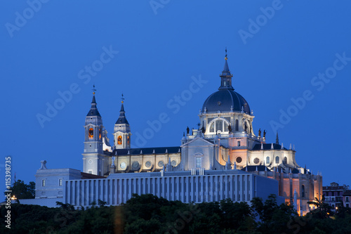 Best view of Almudena Cathedral in Madrid, Spain at sunset 