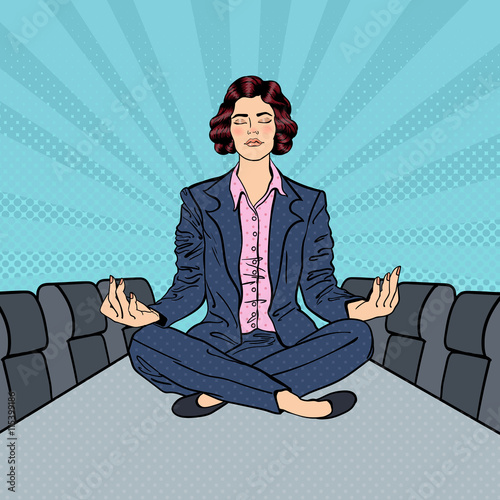 Business Woman Maditating on the Table in Conference Room. Pop Art. Vector illustration