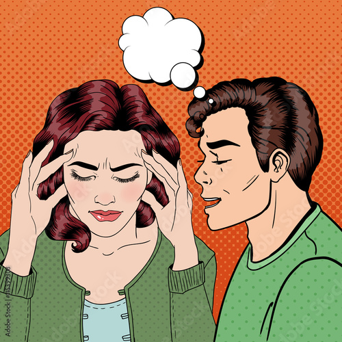 Man Whispering Something to his Stressed Girlfriend. Pop Art. Vector illustration