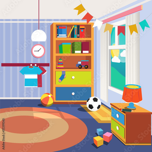 Children Bedroom Interior with Furniture and Toys. Vector illustration