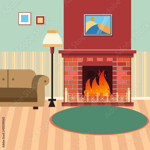 Luxury Living Room Interior with Fireplace and Couch. Vector illustration