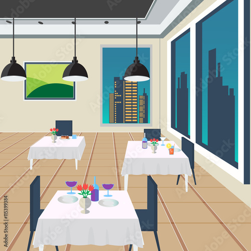 Restaurant Interior with Tables and Meals. Vector Background