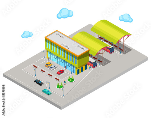 Isometric City Bus Station with Buses, Parking Area and People. Vector illustration