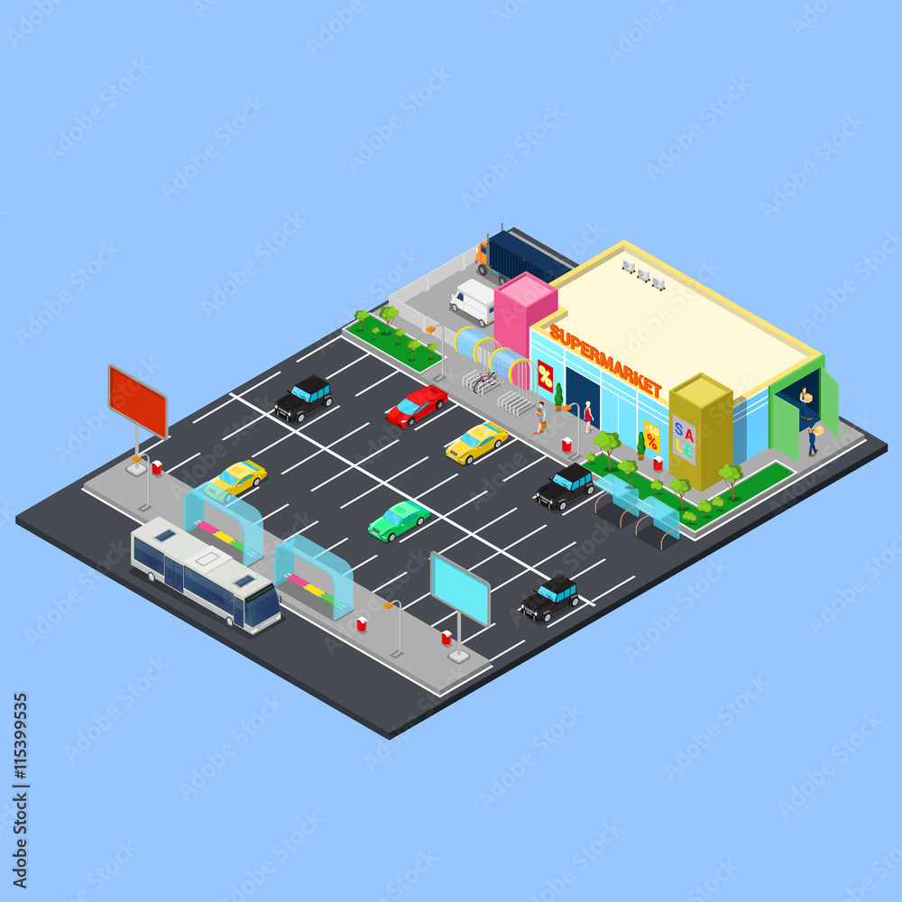 Isometric City. Supermarket Building with Parking Area, Bus Stop and Bicycle Places. Vector illustration Isometric City. Supermarket Building with Parking Area, Bus Stop and Bicycle Places. Vector illustration
