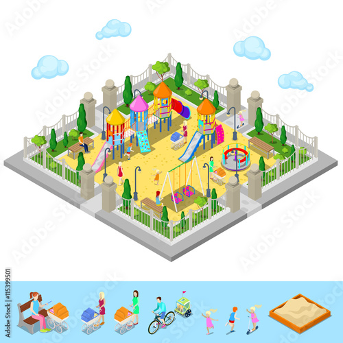 Isometric Children Playground in the Park with People, Sweengs, Carousel, Slide and Sandbox. Vector illustration