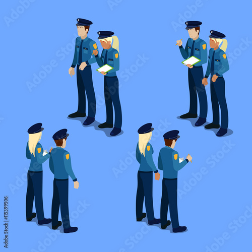 Isometric People. Policeman and Policewoman at Work. Vector illustration