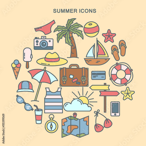 Summer Time. Set of Summer Icons. Travel Background. Vector illustration