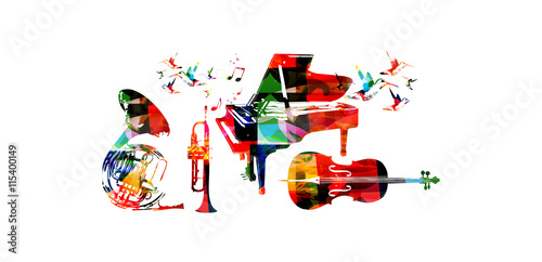 Colorful music background with music instruments and hummingbirds