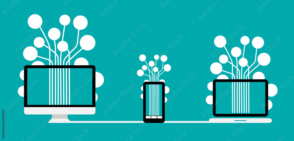 Foto Detailed responsive desktop computer, smartphone, laptop with paths