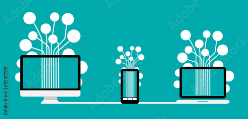 Detailed responsive desktop computer, smartphone, laptop with paths.