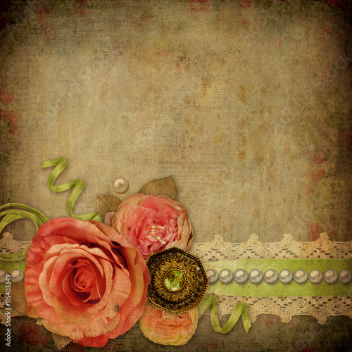 Fotografie Vintage background with  roses, lace, ribbon