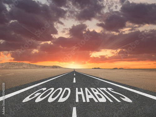 Good Habits text on highway success concept photo