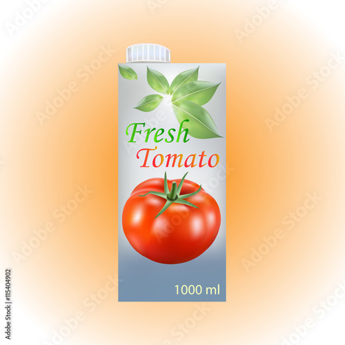 Packages for juice, paper packing with tomato  and leaves & text, vector illustration