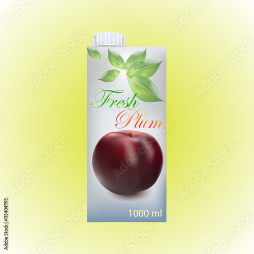 Packages for juice, paper packing with plum  and leaves & text, vector illustration