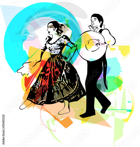 Illustration of Couple dancing marinera. Peruvian dancing.
