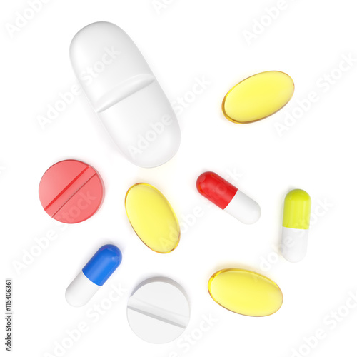 Colorful medication and pills from above. 3d illustration