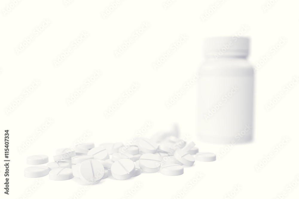 Pills out of pill bottle isolated on white background with depth of field effect. 3d illustration Pills out of pill bottle isolated on white background with depth of field effect. 3d illustration