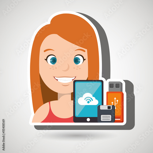 woman with smartphone and storage devices  isolated icon design, vector illustration  graphic 